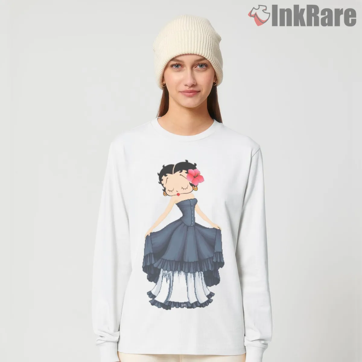 Betty Boop Midnight Blue Ballroom Gown Shirt on white long sleeve shirt for women graphic tee