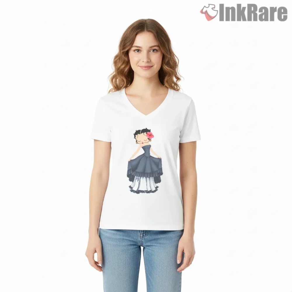 Betty Boop Midnight Blue Ballroom Gown Shirt on white v-neck shirt for women graphic tee