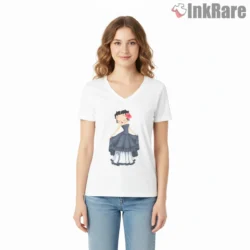 Betty Boop Midnight Blue Ballroom Gown Shirt on white v-neck shirt for women graphic tee