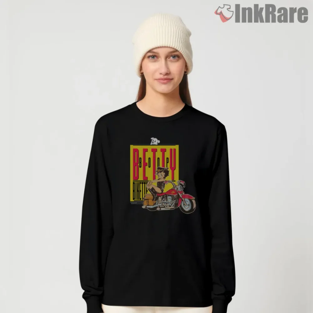 Betty Boop Motorcycle Shirt with bold yellow frame and red bike artwork