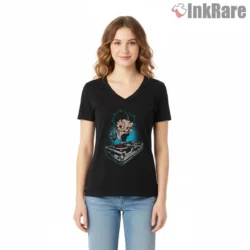 Betty Boop Neon Blue Dj Turntables Hip Hop Shirt on black v-neck shirt for women graphic tee