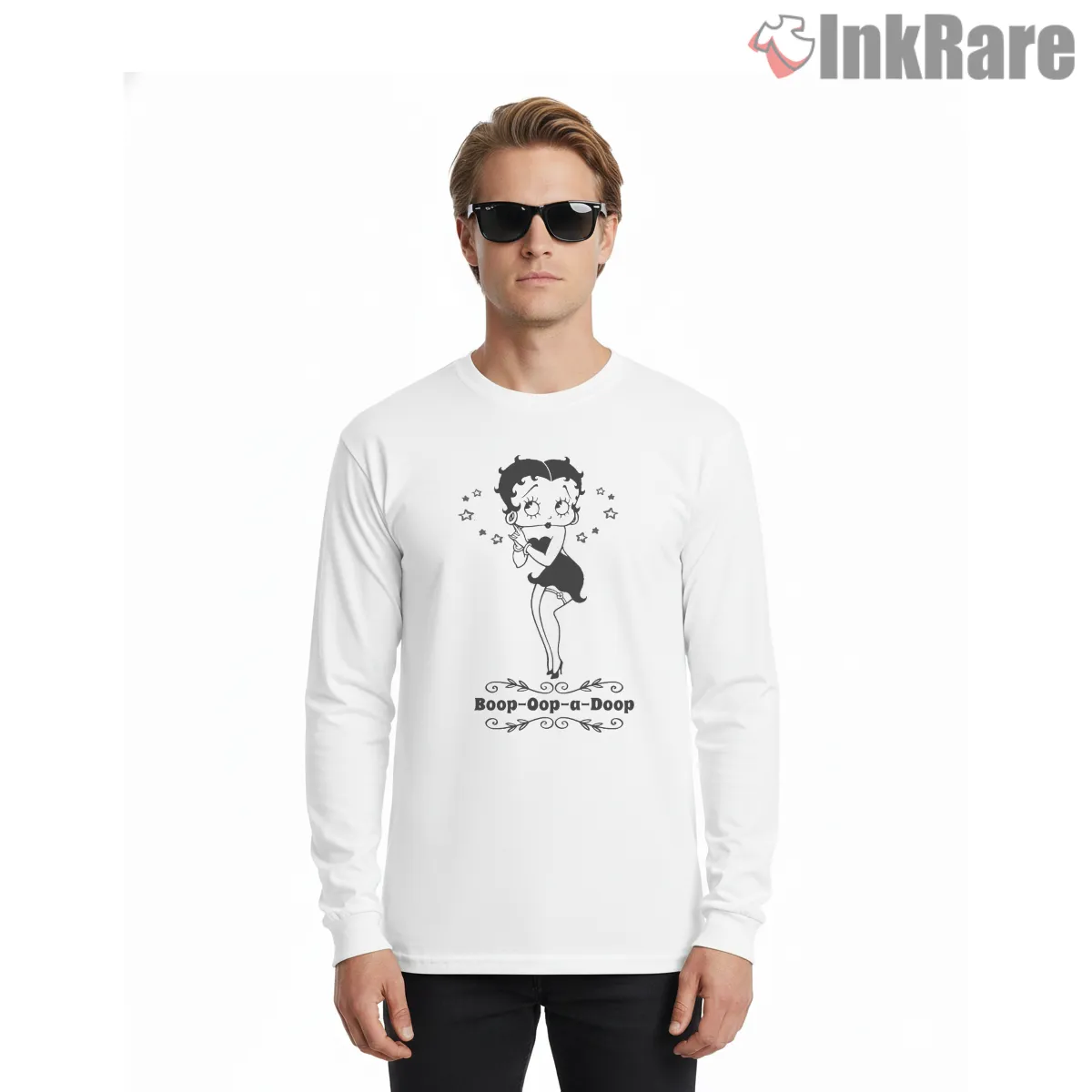 Betty Boop Oop A Doop Retro Black And White Shirt on white long sleeve shirt for men graphic tee