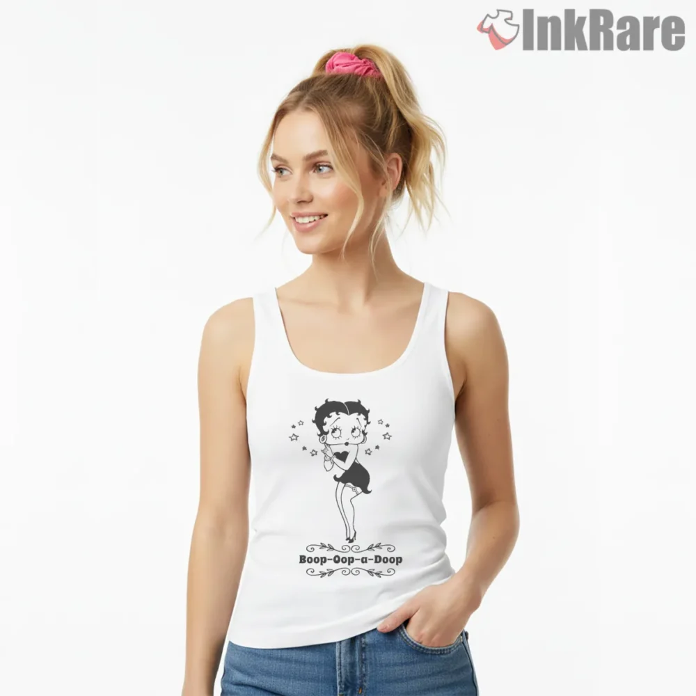 Betty Boop Oop A Doop Retro Black And White Shirt on white tank top for women graphic tee