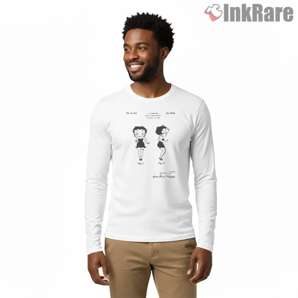 Betty Boop Patent Sketch Monochrome Shirt on white long sleeve shirt for men graphic tee