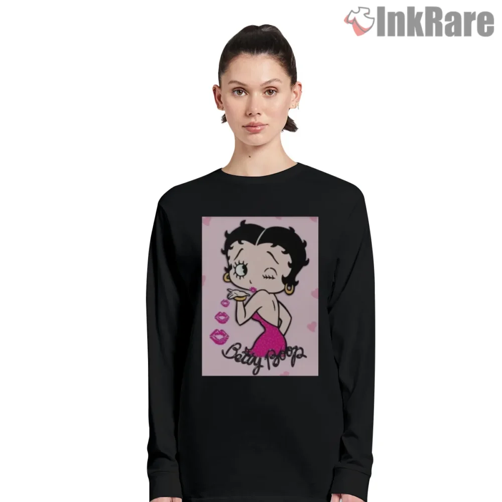 Betty Boop Pink Glitter Kissing Cartoon Shirt on black long sleeve shirt for women graphic tee
