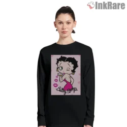 Betty Boop Pink Glitter Kissing Cartoon Shirt on black long sleeve shirt for women graphic tee