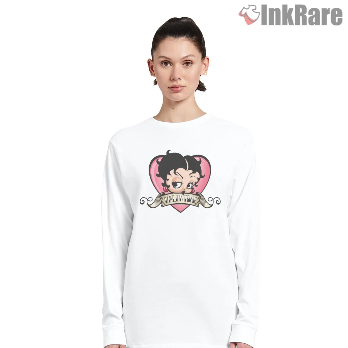 Betty Boop Pink Heart Valentine Tattoo Banner Shirt on white long sleeve shirt for women graphic tee