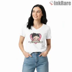 Betty Boop Pink Heart Valentine Tattoo Banner Shirt on white v-neck shirt for women graphic tee