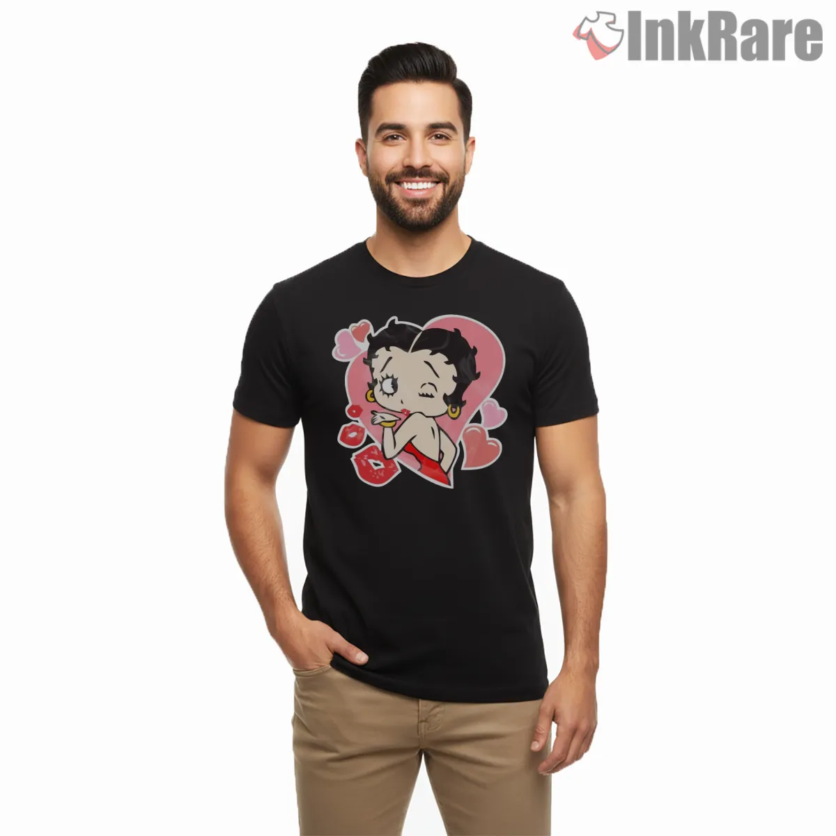 Betty Boop Pink Hearts Cartoon Kiss Short Sleeve Black Betty Boop Pink Hearts Cartoon Kiss Shirt on black short sleeve shirt for men graphic tee