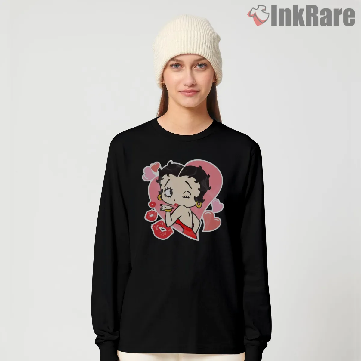 Betty Boop Pink Hearts Cartoon Kiss Long Sleeve Black Betty Boop Pink Hearts Cartoon Kiss Shirt on black long sleeve shirt for women graphic tee