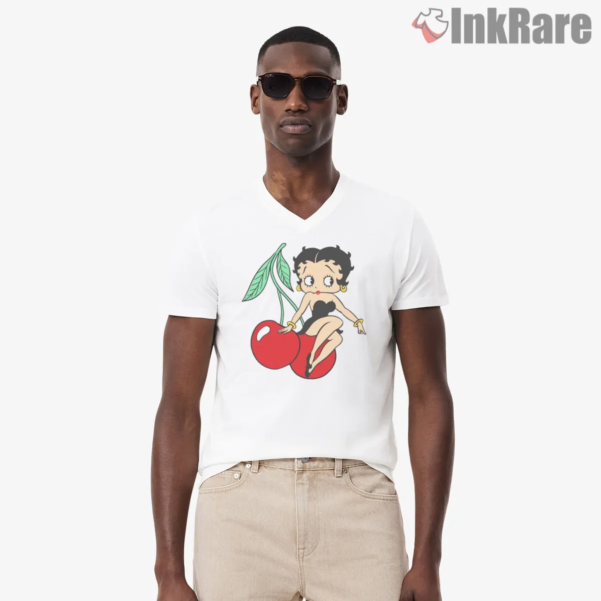 Betty Boop Pinup Cherry Girl Classic Vol08 Shirt on white v-neck shirt for men graphic tee