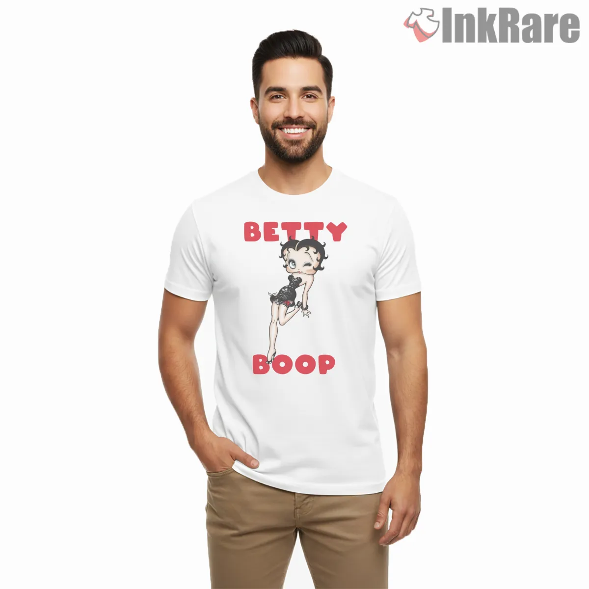 Betty Boop Polka Dot Dress Classic Pose Shirt on white short sleeve shirt for men graphic tee