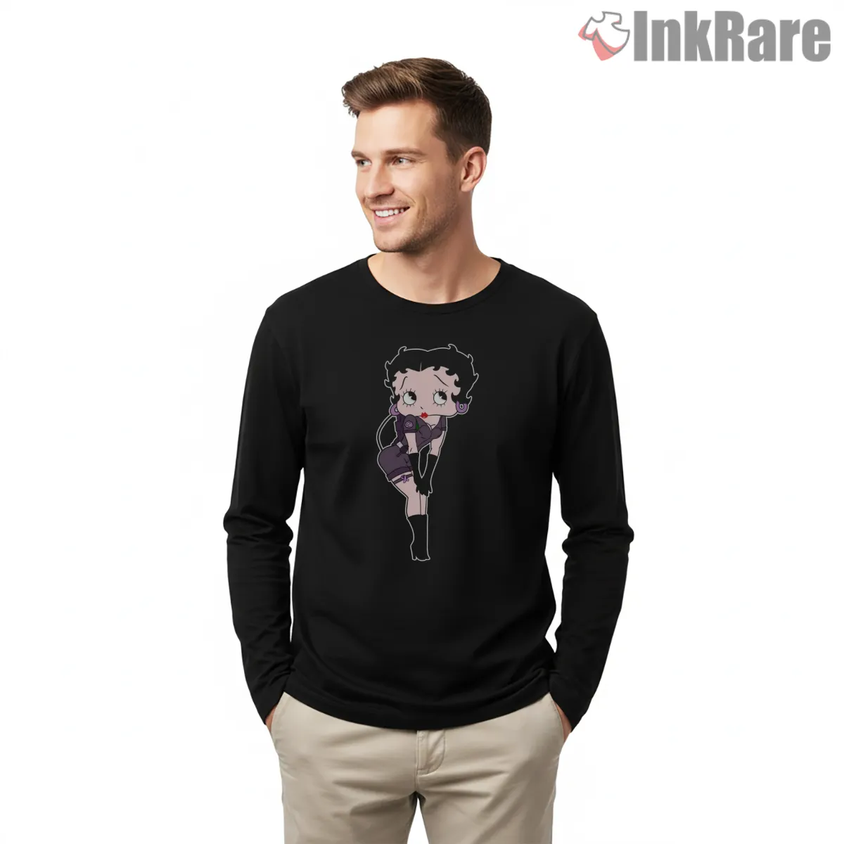 Betty Boop Purple Dress Classic Cartoon Pose Long Sleeve Black Betty Boop Purple Dress Classic Cartoon Pose Shirt on black long sleeve shirt for men graphic tee