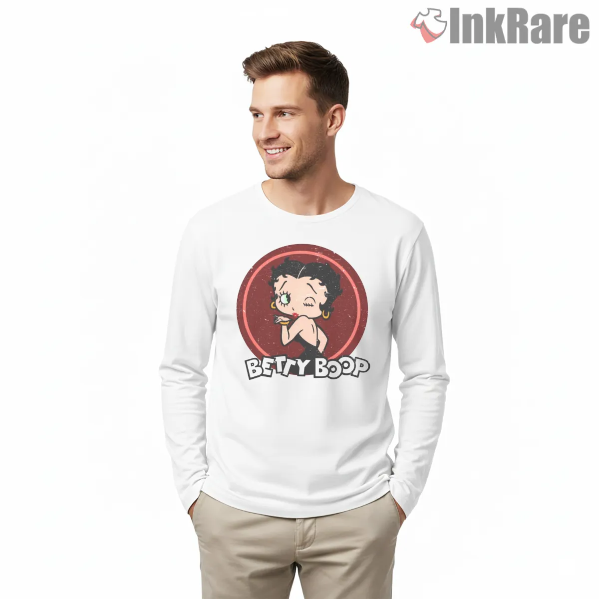 Betty Boop Red Circle Classic Pinup Shirt on white long sleeve shirt for men graphic tee