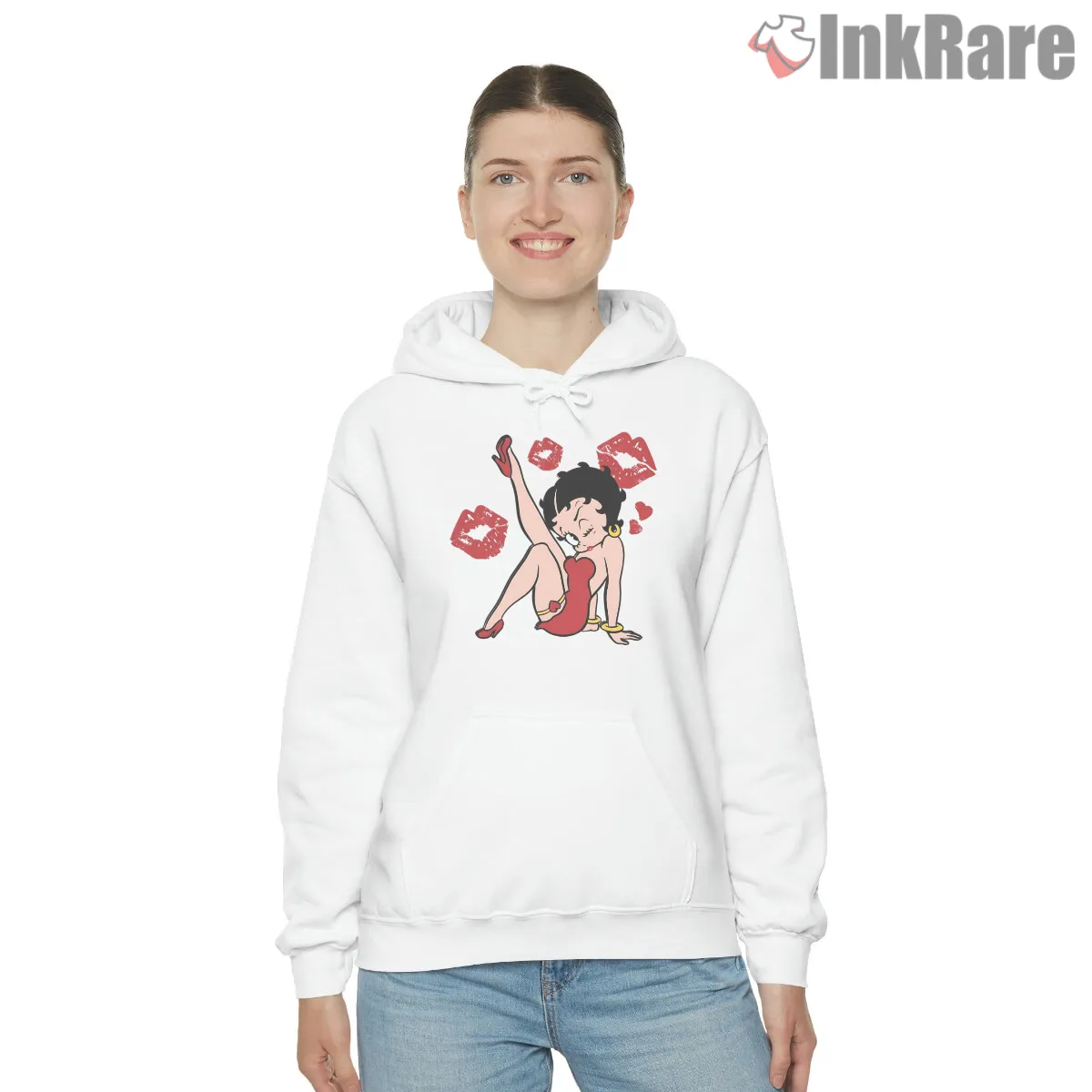 Betty Boop Red Dress Kisses Pinup Pose Shirt on white hoodie for women graphic tee