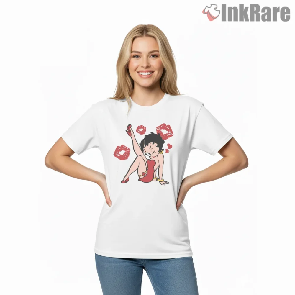 Betty Boop Red Dress Kisses Pinup Pose Shirt on white short sleeve shirt for women graphic tee