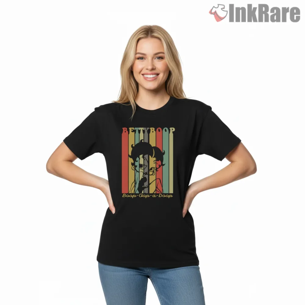 Betty Boop Retro Surf Stripes Boop Oop A Doop Shirt on black short sleeve shirt for women graphic tee