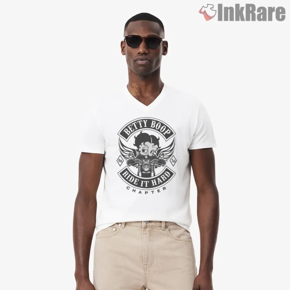 Betty Boop Ride It Hard Biker Patch Shirt on white v-neck shirt for men graphic tee