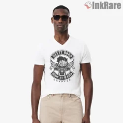 Betty Boop Ride It Hard Biker Patch Shirt on white v-neck shirt for men graphic tee
