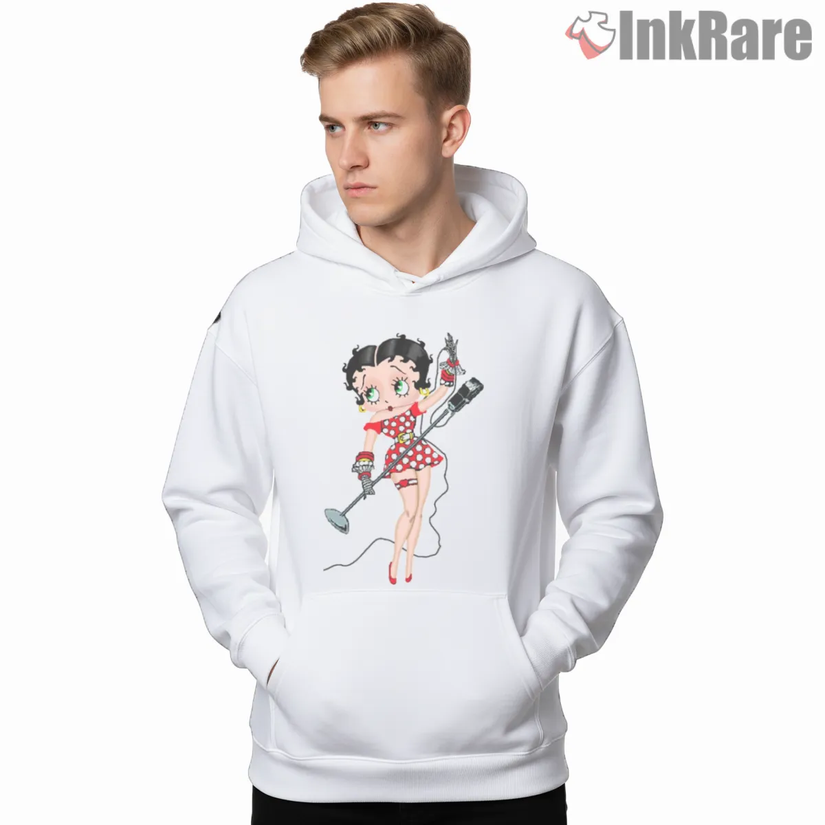 Betty Boop Rockabilly Polka Dot Microphone Shirt on white hoodie for men graphic tee