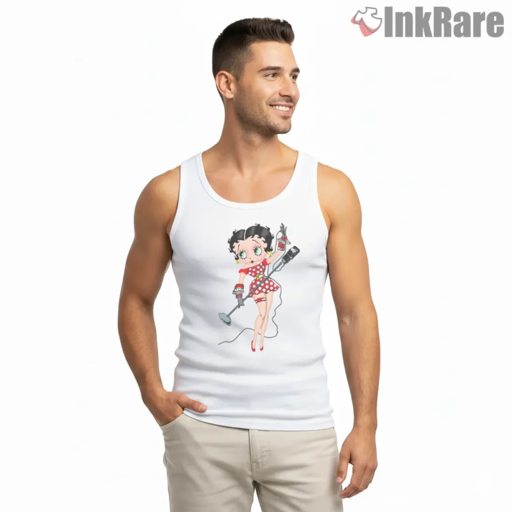 Betty Boop Rockabilly Polka Dot Microphone Shirt on white tank top for men graphic tee