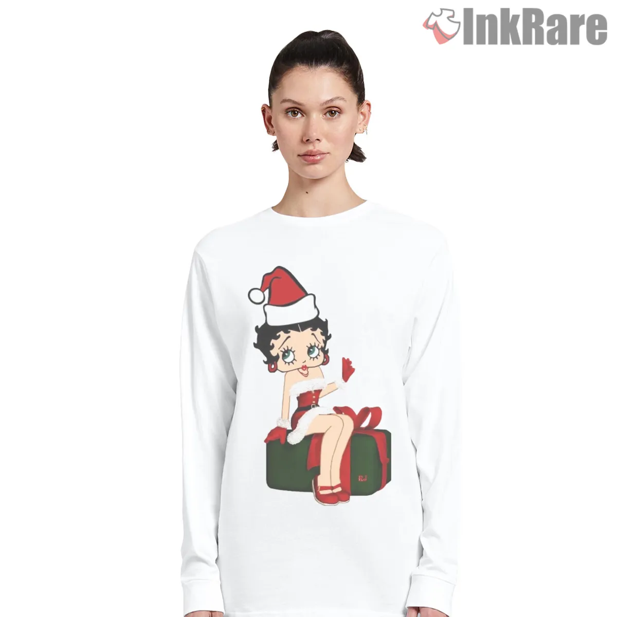 Betty Boop Sexy Santa Sitting On Gift Shirt on white long sleeve shirt for women graphic tee