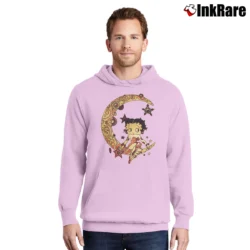 Men’s Betty Boop Sitting On Crescent Moon Cartoon Pullover Hoodie in light pink | Cozy, Durable, Modern Fit