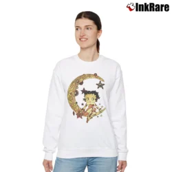 Women’s Betty Boop Sitting On Crescent Moon Cartoon Relaxed Sweatshirt in white | Soft, Laid-Back Vibe