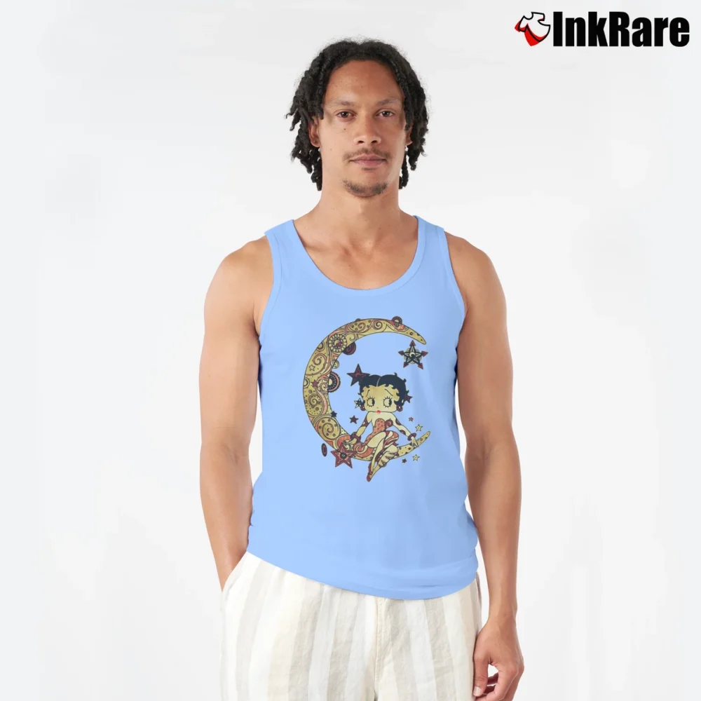 Men’s Betty Boop Sitting On Crescent Moon Cartoon Tank Top in light blue | Breathable, Active-Friendly Design