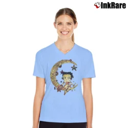 Women’s Betty Boop Sitting On Crescent Moon Cartoon V-Neck Tee in light blue | Chic Neckline, Soft Texture