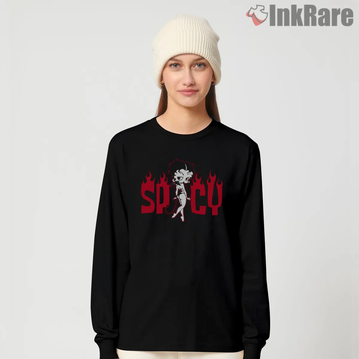 Betty Boop Spicy Bad Girl Flames Long Sleeve Black Betty Boop Spicy Bad Girl Flames Shirt on black long sleeve shirt for women graphic tee