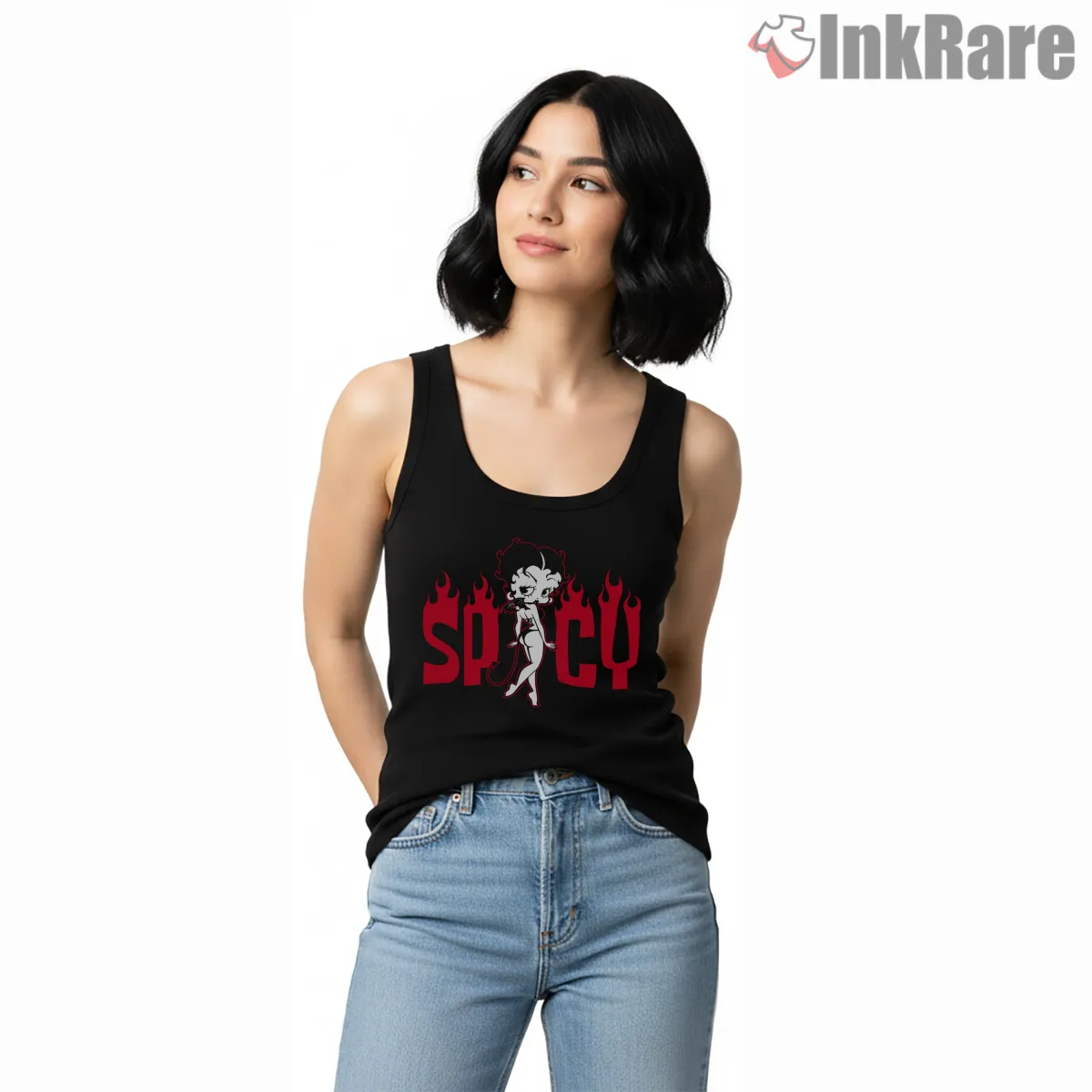 Betty Boop Spicy Bad Girl Flames Tank Top Black Betty Boop Spicy Bad Girl Flames Shirt on black tank top for women graphic tee