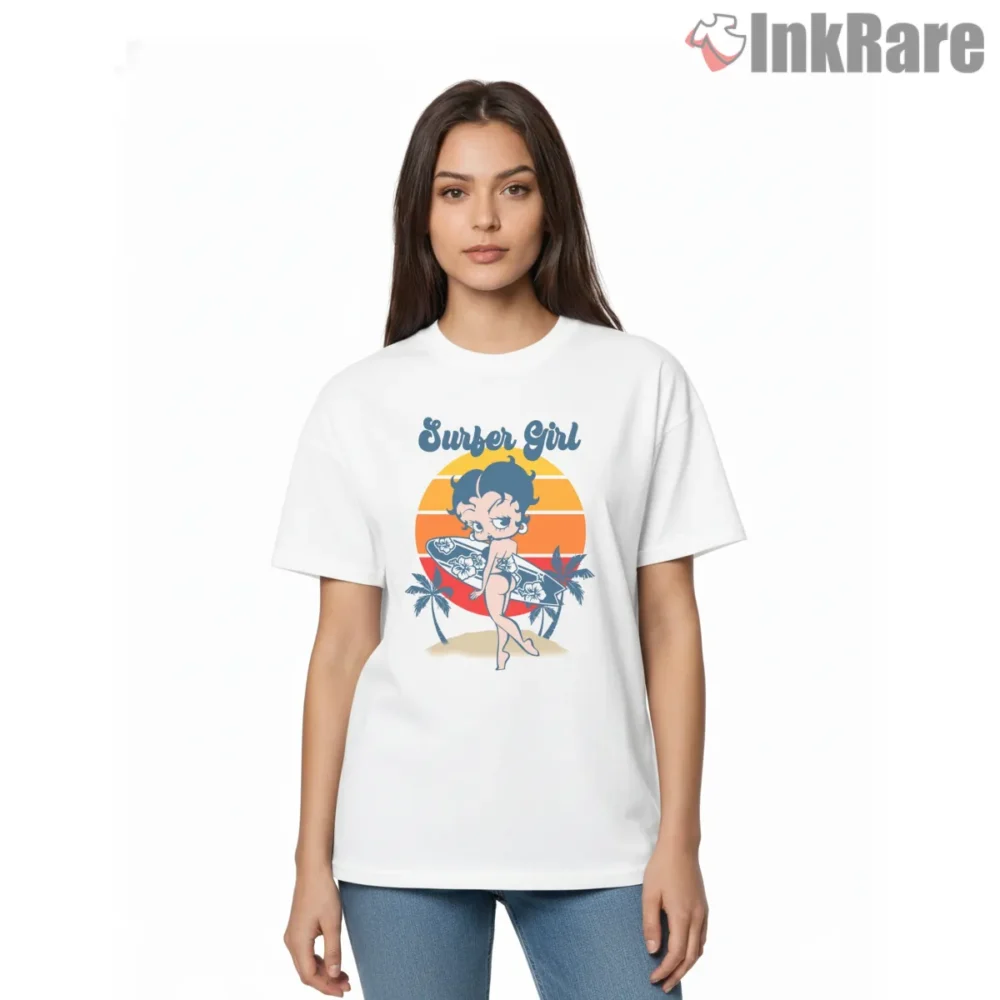 Betty Boop Sunset Surfer Girl Beach Shirt on white short sleeve shirt for women graphic tee