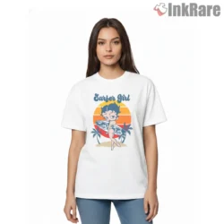 Betty Boop Sunset Surfer Girl Beach Shirt on white short sleeve shirt for women graphic tee
