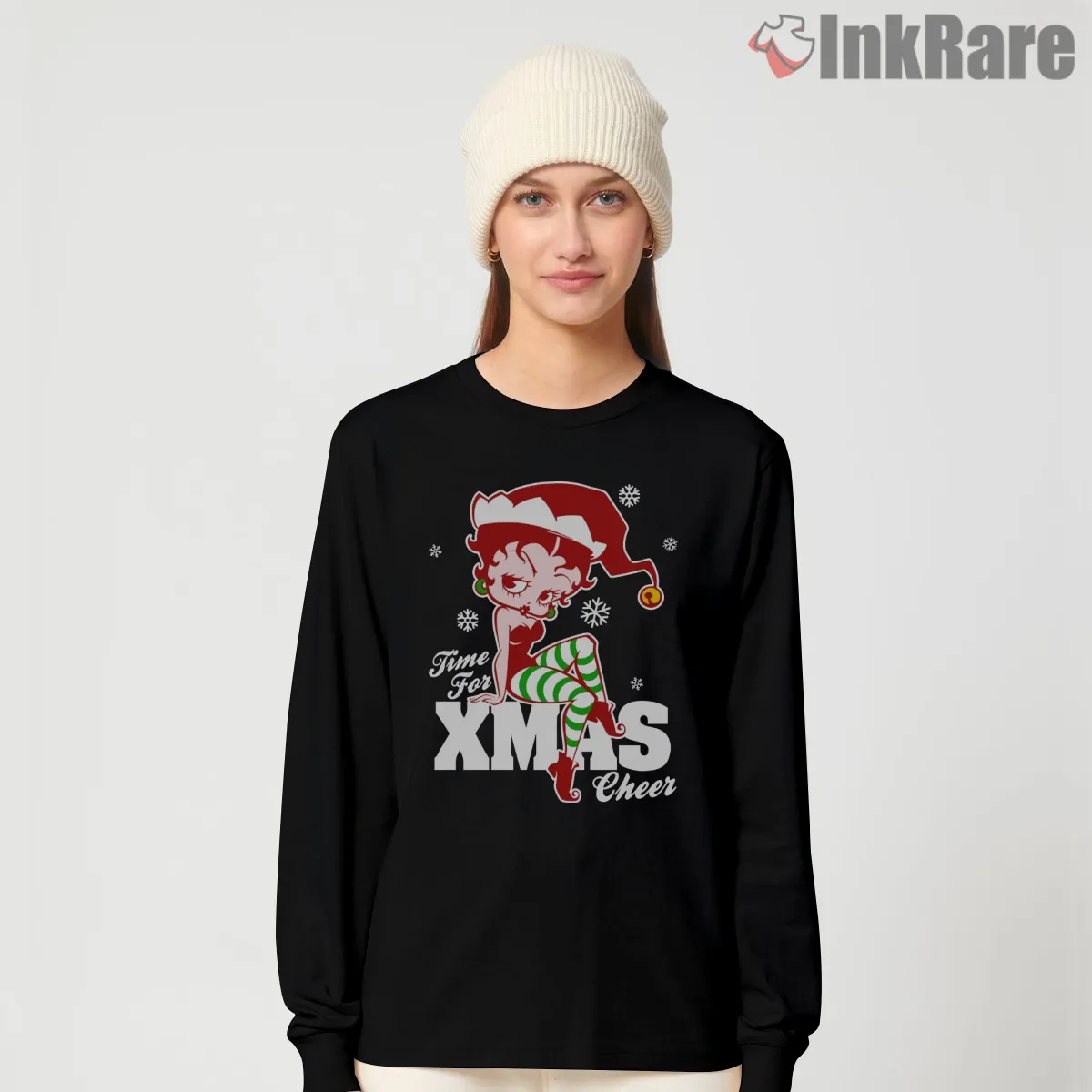 Betty Boop Time For Xmas Cheer Holiday Long Sleeve Black Betty Boop Time For Xmas Cheer Holiday Shirt on black long sleeve shirt for women graphic tee