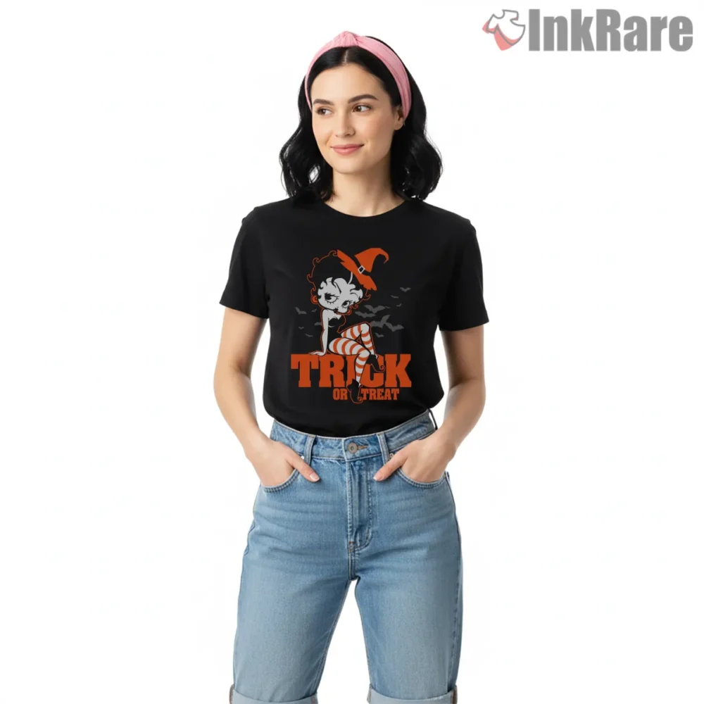 Betty Boop Trick Or Treat Halloween Witch Shirt on black short sleeve shirt for women graphic tee