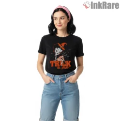 Betty Boop Trick Or Treat Halloween Witch Shirt on black short sleeve shirt for women graphic tee