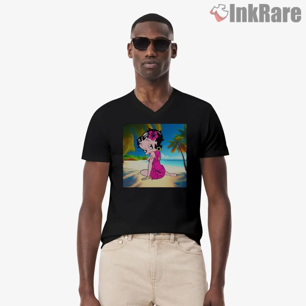 Betty Boop Tropical Beach Sunset Shirt on black v-neck shirt for men graphic tee