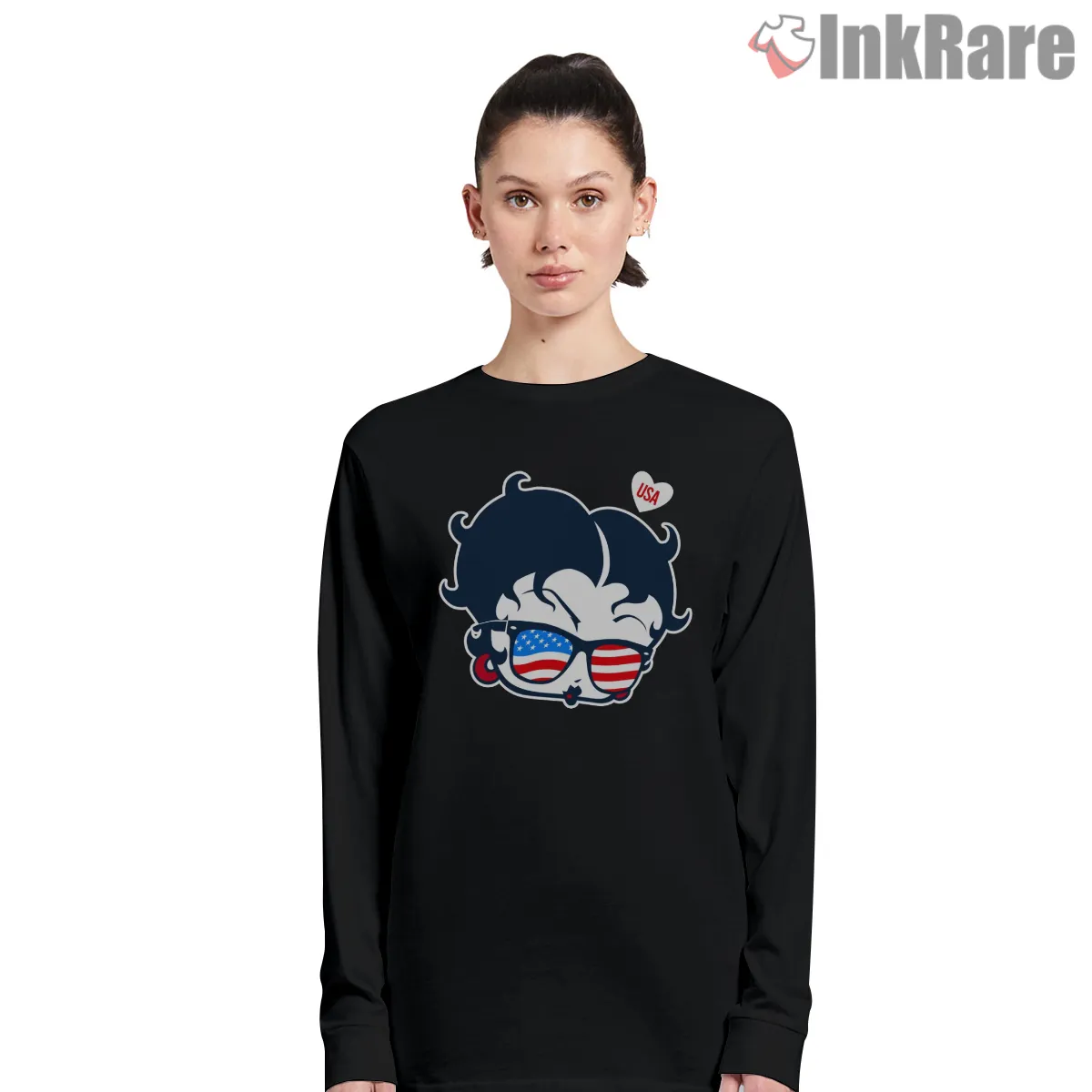 Betty Boop Usa Flag Sunglasses Portrait Long Sleeve Black Betty Boop Usa Flag Sunglasses Portrait Shirt on black long sleeve shirt for women graphic tee