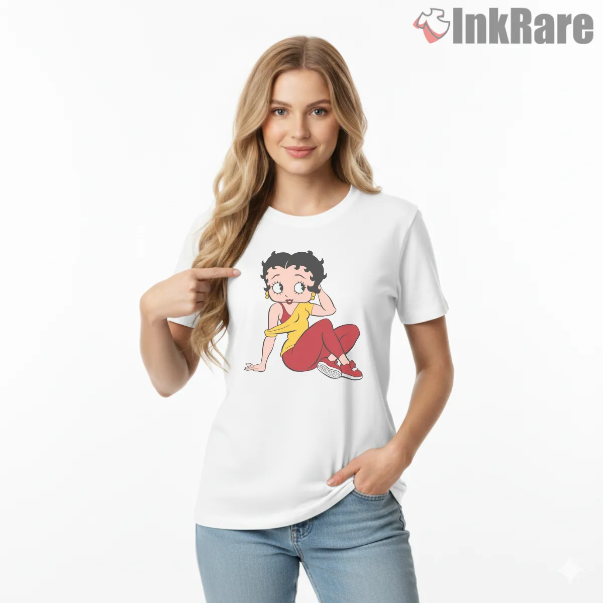 Betty Boop Yellow Top Red Joggers Casual Short Sleeve White Betty Boop Yellow Top Red Joggers Casual Shirt on white short sleeve shirt for women graphic tee