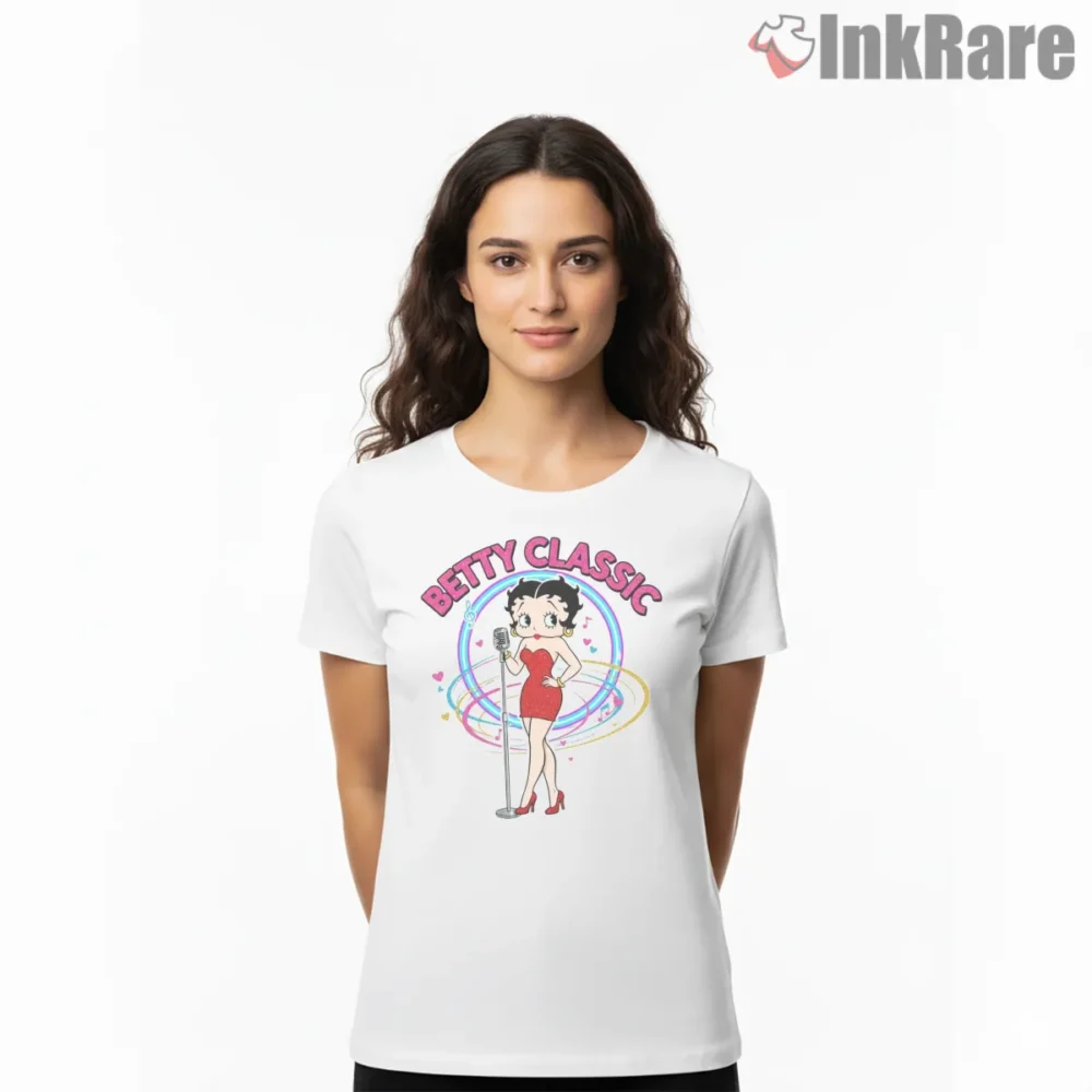 Betty Classic Retro Microphone Pinup Shirt on white short sleeve shirt for women graphic tee