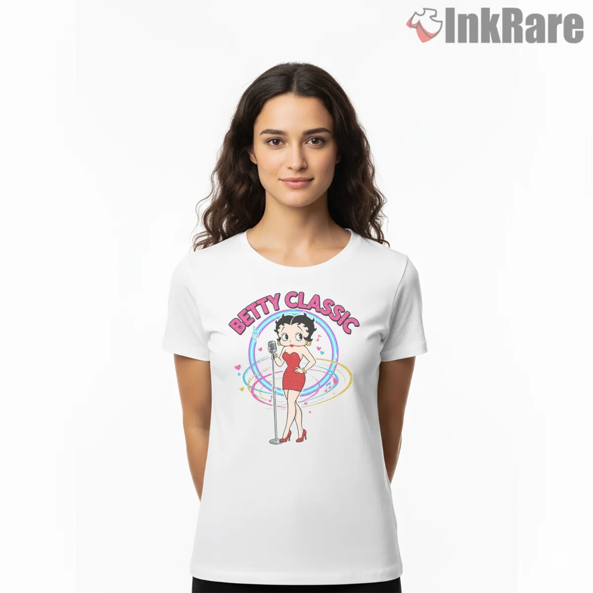 Betty Classic Retro Microphone Pinup Short Sleeve White Betty Classic Retro Microphone Pinup Shirt on white short sleeve shirt for women graphic tee