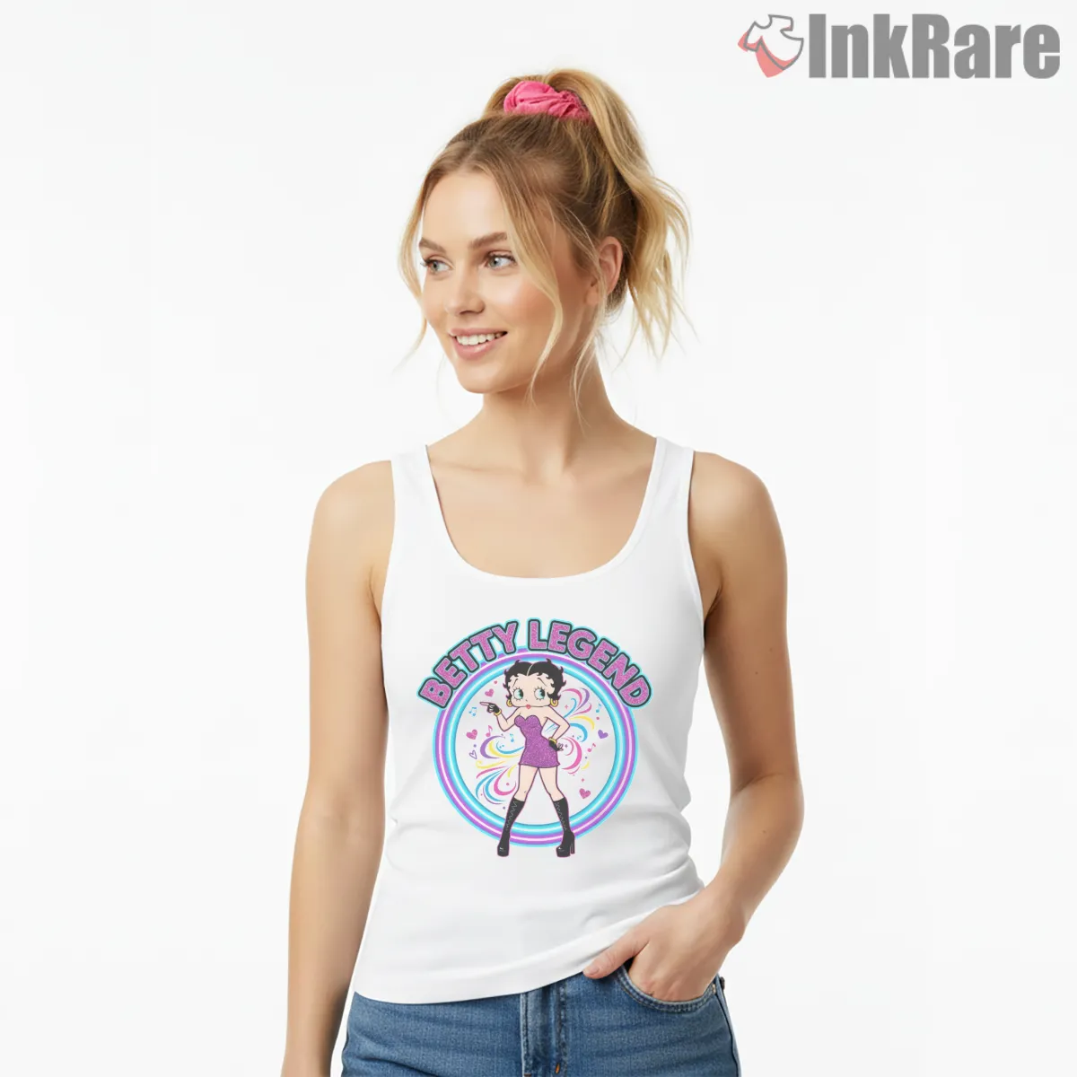 Betty Legend Retro Dance Circle Tank Top White Betty Legend Retro Dance Circle Shirt on white tank top for women graphic tee