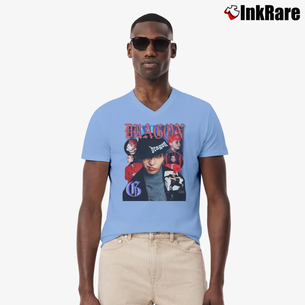 Men’s Big Bang G Dragon Comeback Kpop Merch V-Neck Tee in light blue | Sharp, Breathable, Everyday Staple