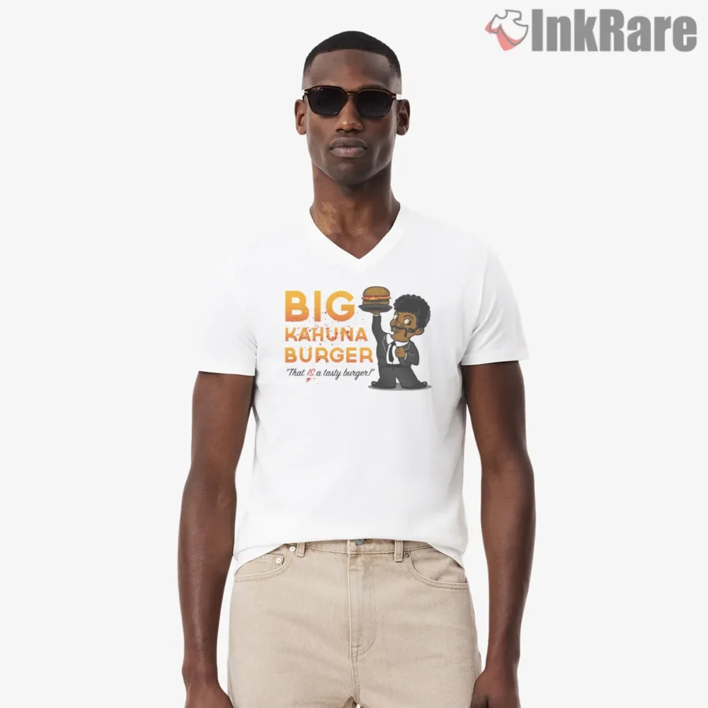 Big Kahuna Burger Cartoon Tribute Shirt on white v-neck shirt for men graphic tee