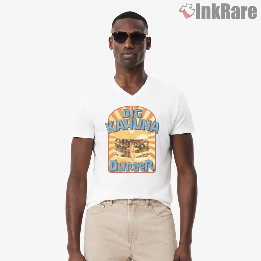 Big Kahuna Burger Vintage Sign Shirt on white v-neck shirt for men graphic tee