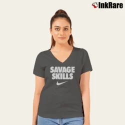 Women’s Big Savage Skills Logo Graphic V-Neck Tee in charcoal | Chic Neckline, Soft Texture