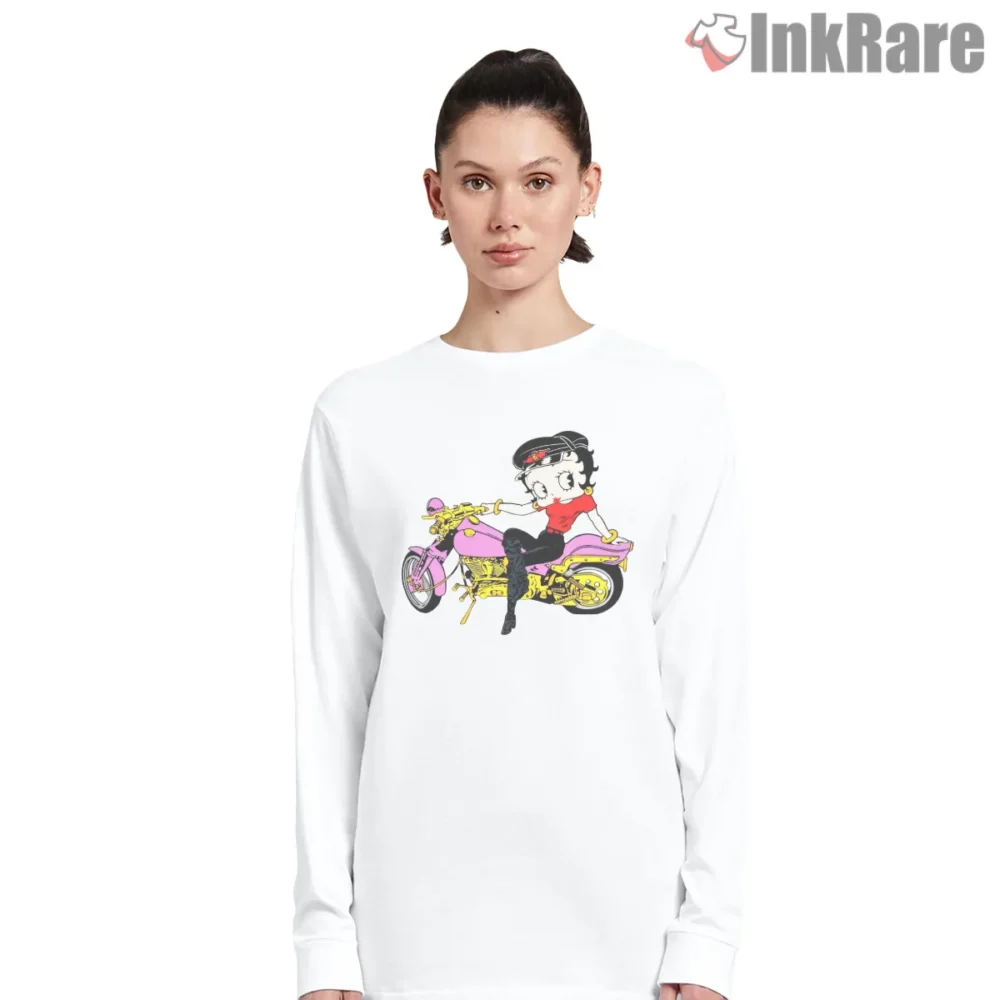 Biker Betty Boop Hot Pink Motorcycle Shirt on white long sleeve shirt for women graphic tee