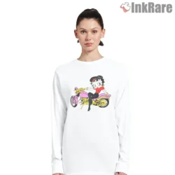 Biker Betty Boop Hot Pink Motorcycle Shirt on white long sleeve shirt for women graphic tee