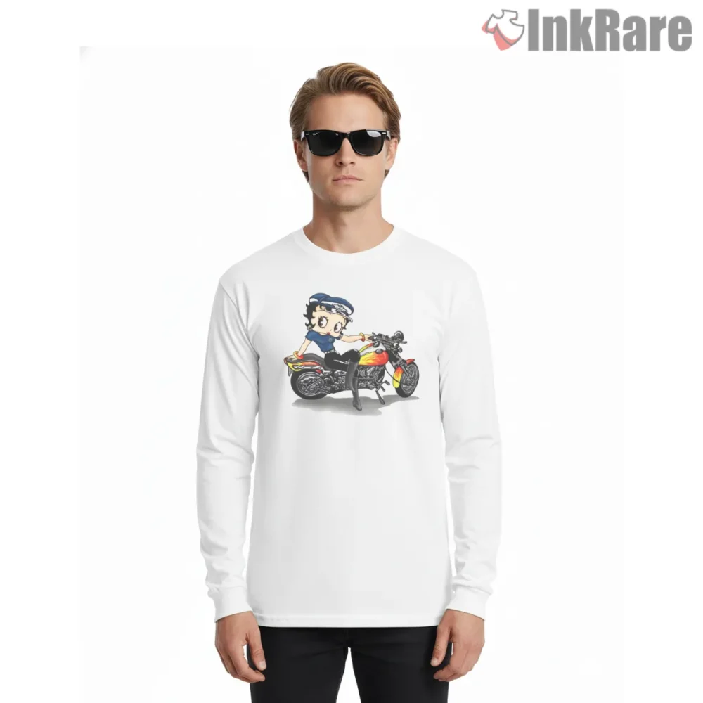 Biker Betty Boop Motorcycle Road Trip Shirt on white long sleeve shirt for men graphic tee